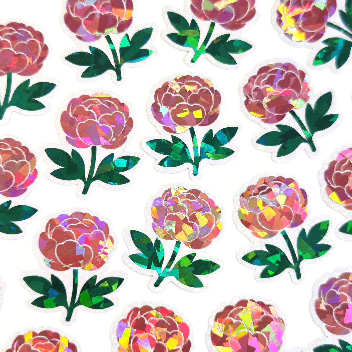 Red Peony Flower Sticker Set, small sparkly summer blooms for journals, garden planners, wedding envelopes, scrapbook pages and crafts.