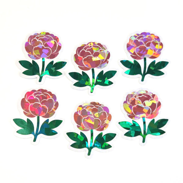 Pink Peony Flower Sticker Set, small sparkly summer blooms for journals, garden planners, wedding envelopes, scrapbook pages and crafts.