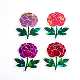 Red Peony Flower Sticker Set, small sparkly summer blooms for journals, garden planners, wedding envelopes, scrapbook pages and crafts.