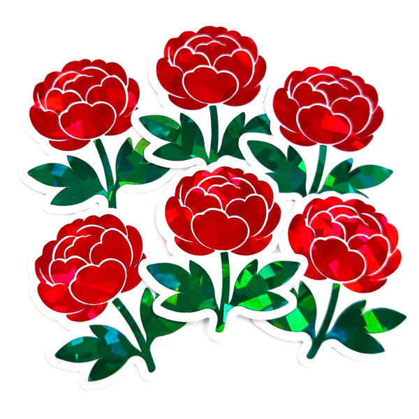 Red Peony Flower Sticker Set, small sparkly summer blooms for journals, garden planners, wedding envelopes, scrapbook pages and crafts.