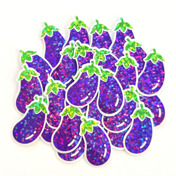 Mini Eggplant Stickers Set, Purple Glitter Vinyl Decals for garden journals and recipes cards