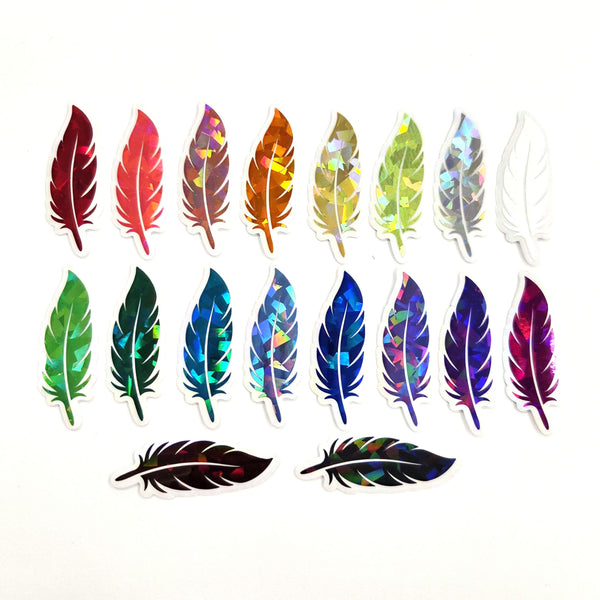 Feathers Sticker Bundle, set of 18 feather shaped die cut sparkly stickers, rainbow colors, summer festival journal page embellishments