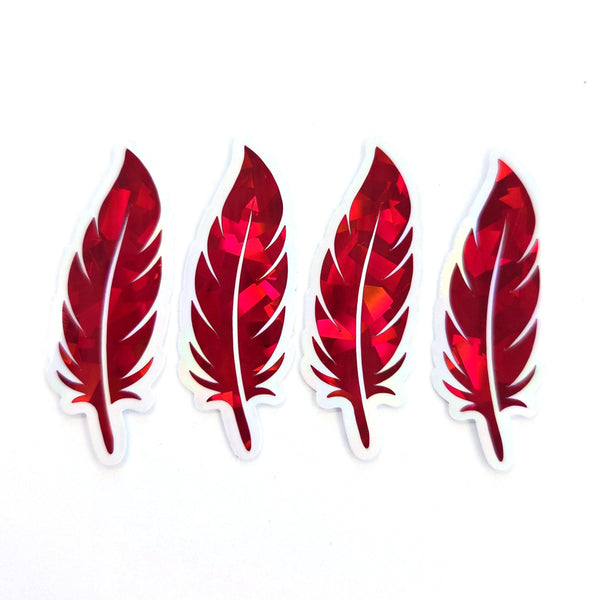 Red Feathers Sticker Bundle, set of 18 bird feather shaped die cut sparkly stickers, summer festival journal page embellishments