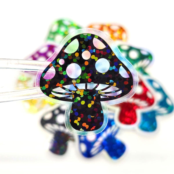 Black Mushroom Die Cut Stickers, Woodland Fairy Crafts, Handmade Sparkly Vinyl Toadstools