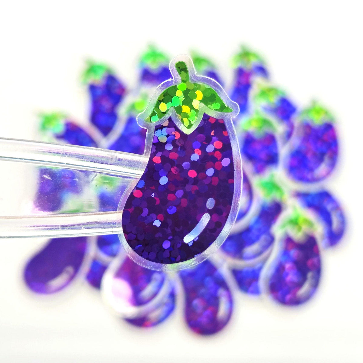 Mini Eggplant Stickers Set, Purple Glitter Vinyl Decals for garden journals and recipes cards