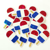 Mini American Flag Popsicle Die Cut Stickers, set of 12 in sparkly red, white and blue colors for Independence Day crafts.