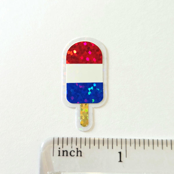 Mini American Flag Popsicle Die Cut Stickers, set of 12 in sparkly red, white and blue colors for Independence Day crafts.