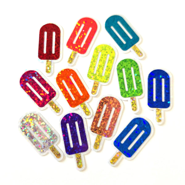 Blue Popsicle Stickers, set of 24 Sparkly Ice Pop Die Cut Stickers for Birthday Party Invitations, Envelopes, and Summer Scrapbook page