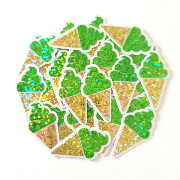Mini Green Ice Cream Cone Die Cut Stickers, set of 20 for crafts, scrapbooking and journals.