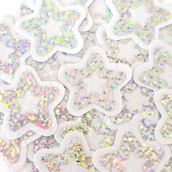 Patriotic Stars Die Cut Stickers, Red Silver Blue glitter vinyl stars for card making, journals and scrapbooks, set of 30