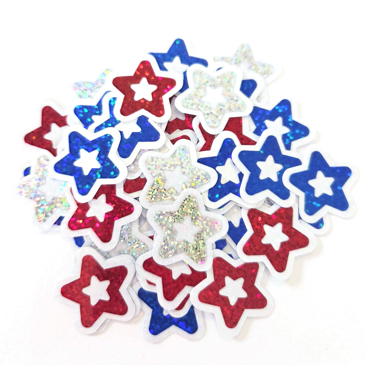 Patriotic Stars Die Cut Stickers, Red Silver Blue glitter vinyl stars for card making, journals and scrapbooks, set of 30