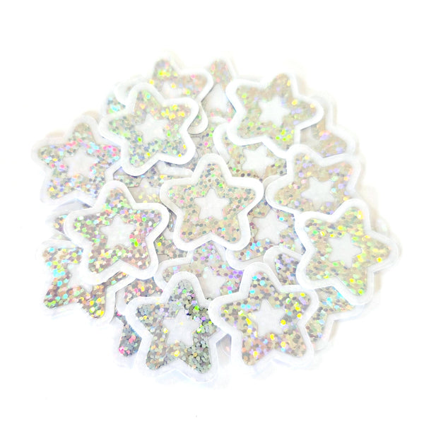 Silver Glitter Star Die Cut Stickers, set of 30 sparkly stars for crafts, journals, scrapbooks and classroom projects.