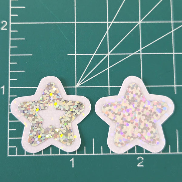 Silver Star Die Cut Stickers, set of 30 sparkly vinyl glitter stars for crafts, journals, scrapbooks and classroom projects.
