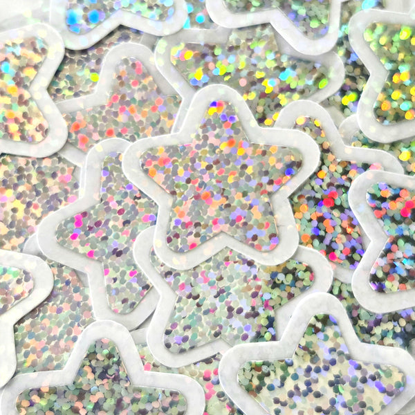 Silver Glitter Star Die Cut Stickers, set of 30 sparkly stars for crafts, journals, scrapbooks and classroom projects.