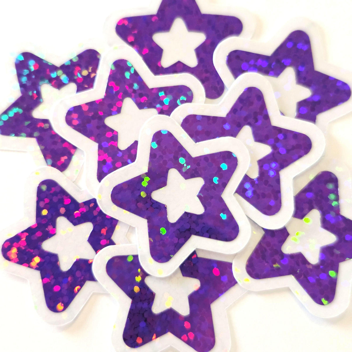 Purple Star Die Cut Stickers, set of 30 Sparkly Stars for crafts, journals, scrapbooks and classroom projects.