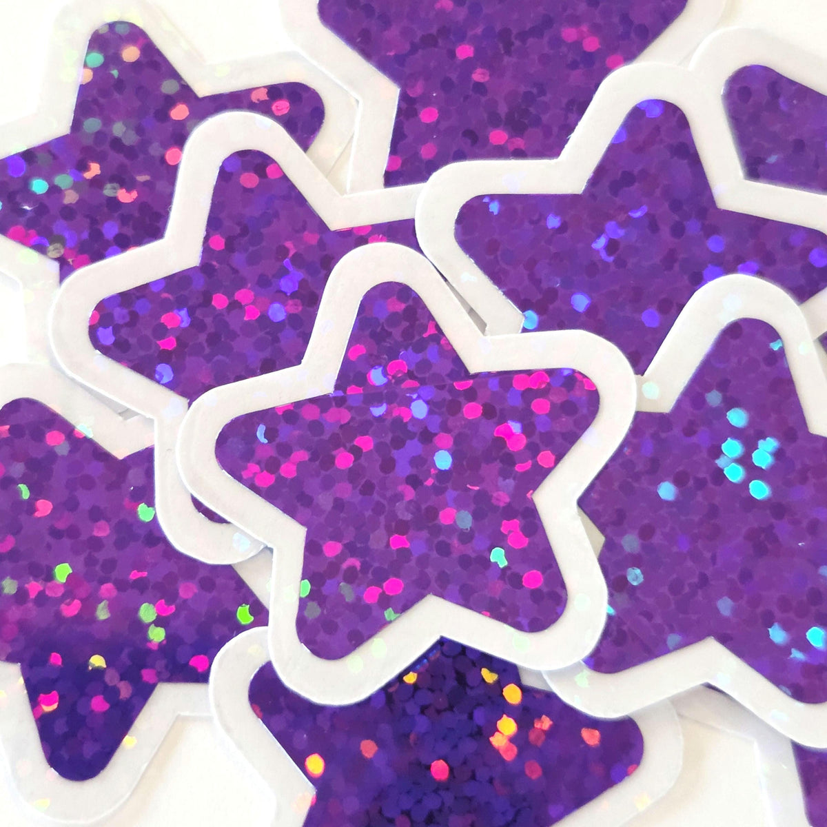 Purple Star Die Cut Stickers, set of 30 sparkly glitter vinyl stars for crafts, journals, scrapbooks and classroom projects.