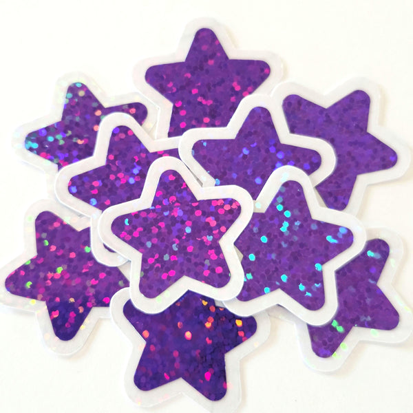 Purple Star Die Cut Stickers, set of 30 Sparkly Stars for crafts, journals, scrapbooks and classroom projects.