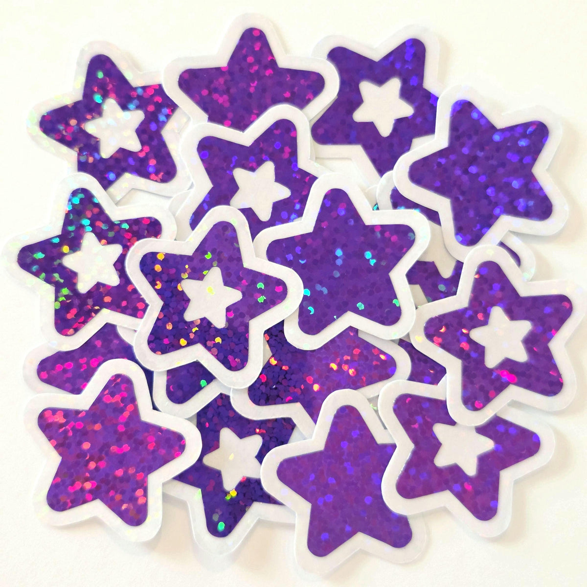 Purple Star Die Cut Stickers, set of 30 sparkly glitter vinyl stars for crafts, journals, scrapbooks and classroom projects.