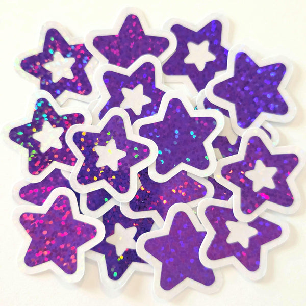 Purple Star Die Cut Stickers, set of 30 Sparkly Stars for crafts, journals, scrapbooks and classroom projects.