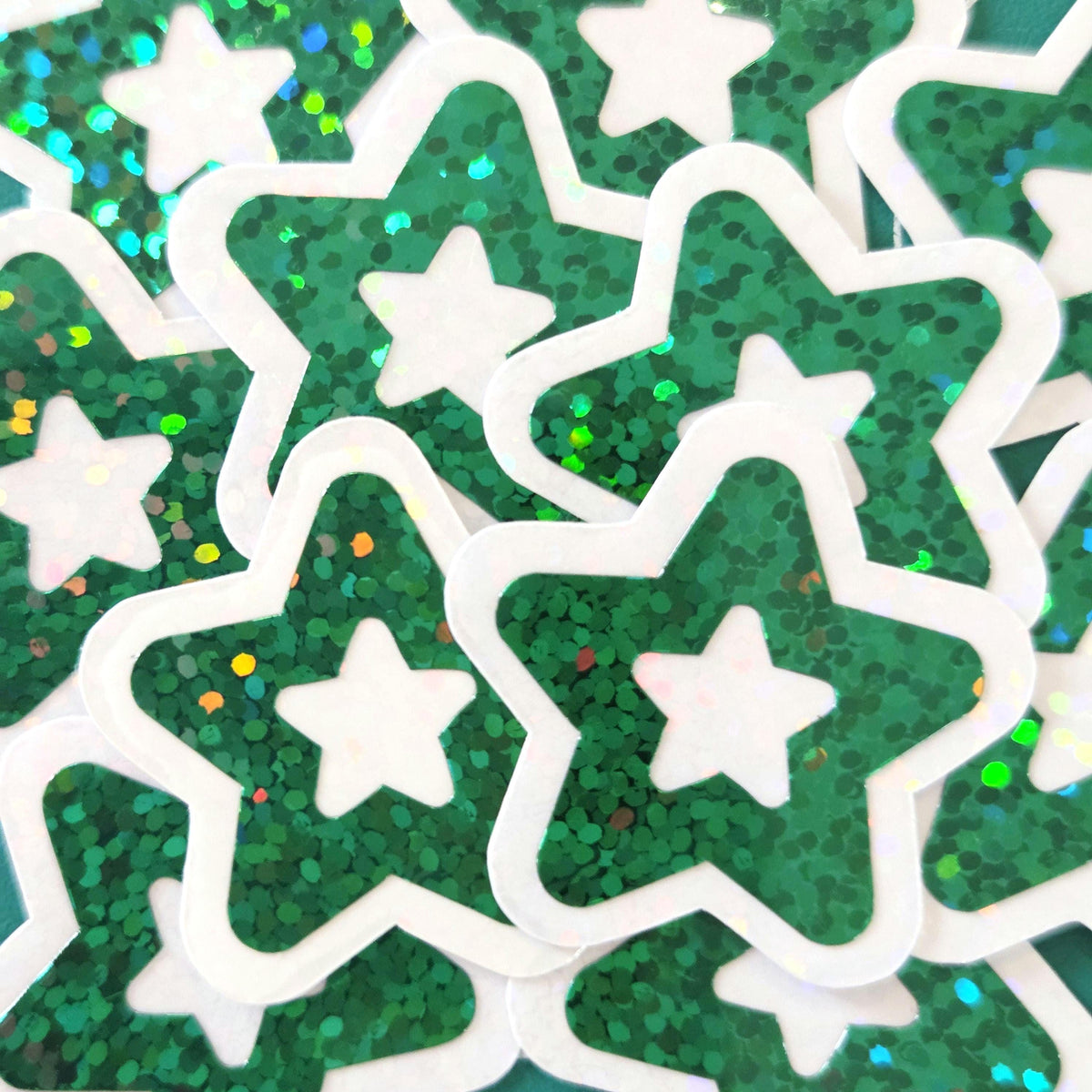 Dark Green Star Die Cut Stickers, set of 30 Sparkly Stars for crafts, journals, scrapbooks and classroom projects.