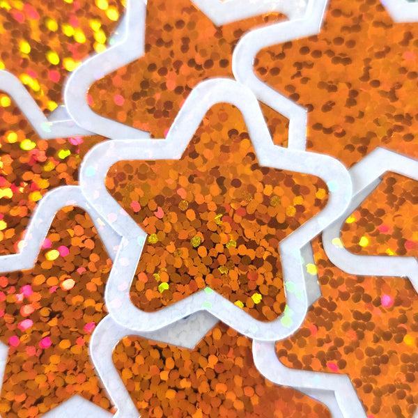 Orange Star Die Cut Stickers, set of 30 Sparkly Orange Glitter Stars for crafts, journals, scrapbooks and classroom projects.