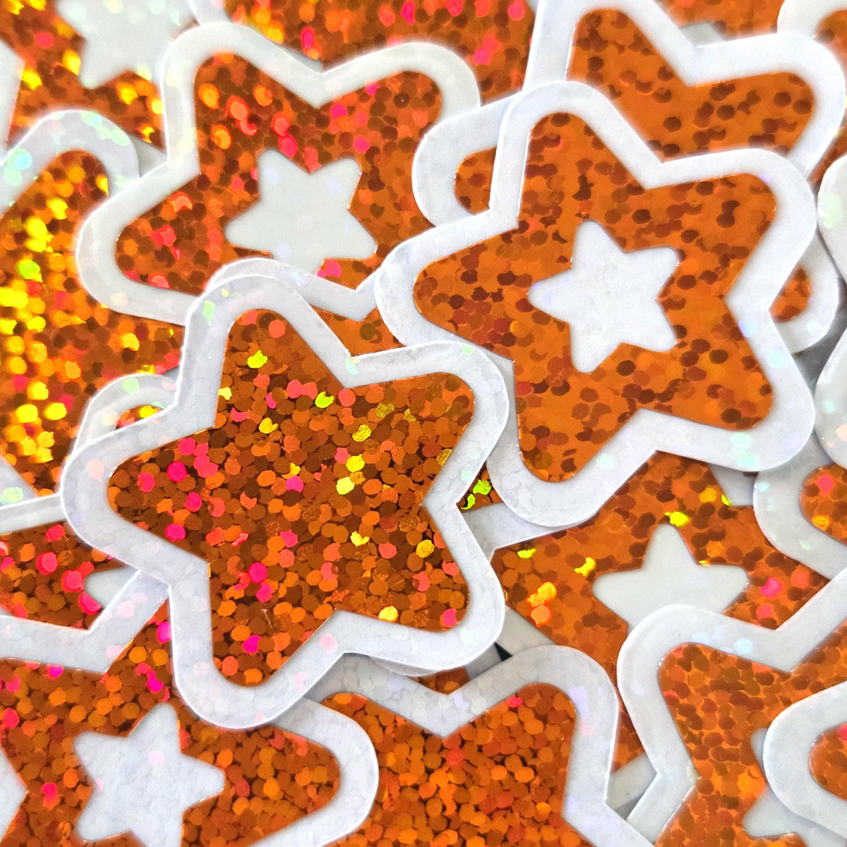 Orange Star Die Cut Stickers, set of 30 Sparkly Orange Glitter Stars for crafts, journals, scrapbooks and classroom projects.