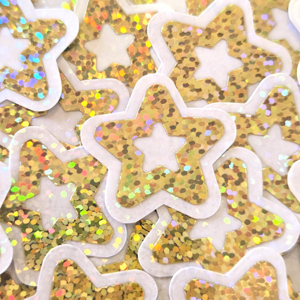 Gold Glitter Star Die Cut Stickers, set of 30 sparkly stars for crafts, journals, scrapbooks and classroom projects.