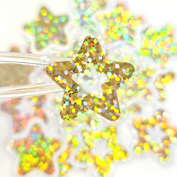 Gold Glitter Star Die Cut Stickers, set of 30 sparkly stars for crafts, journals, scrapbooks and classroom projects.