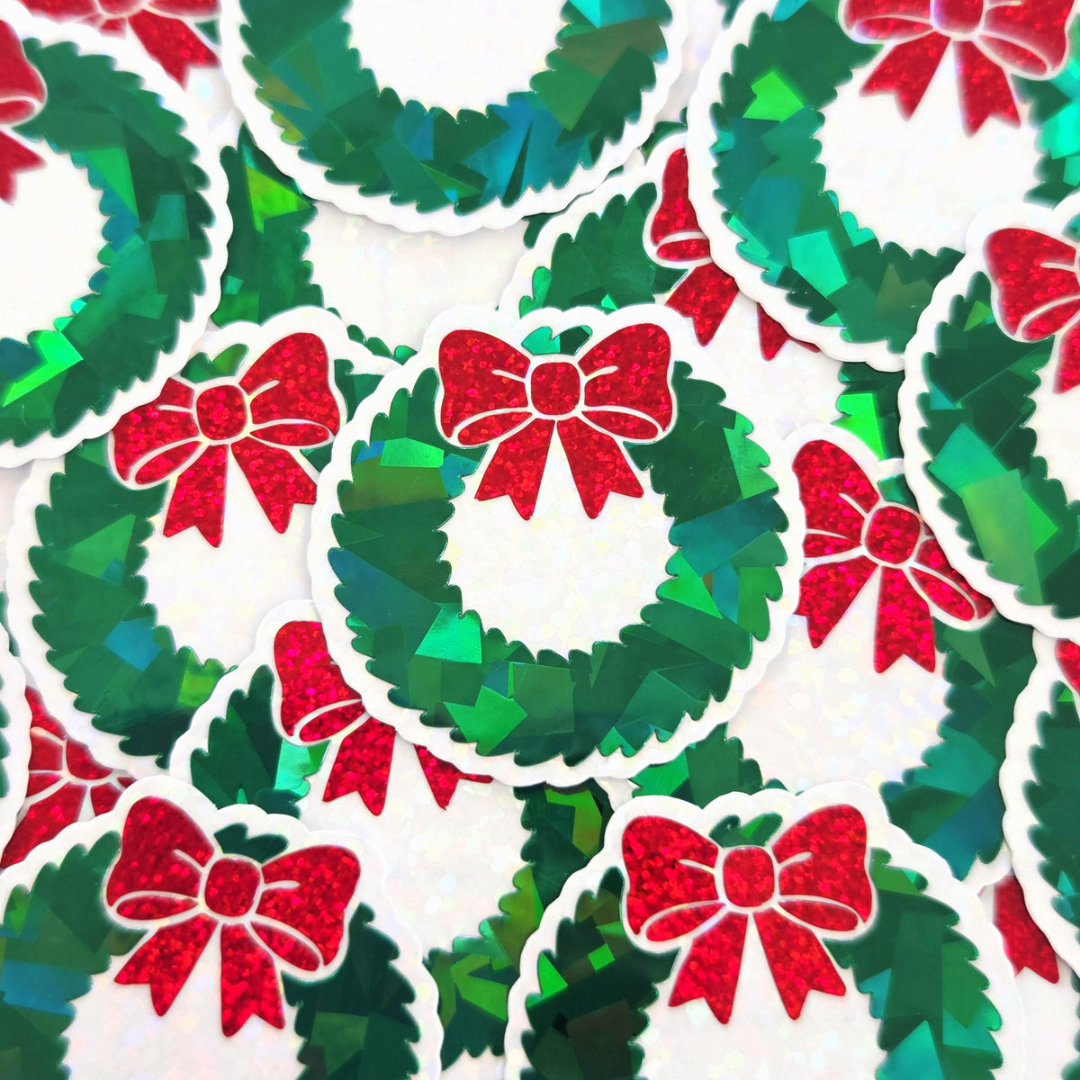 Sparkly Christmas Wreath Die Cut Stickers for card envelopes, gift tags and holiday crafts.