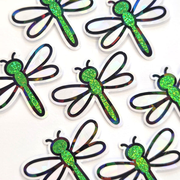 Green Glitter Dragonfly Die-Cut Stickers, Bug Vinyl Decals, Journal Crafts