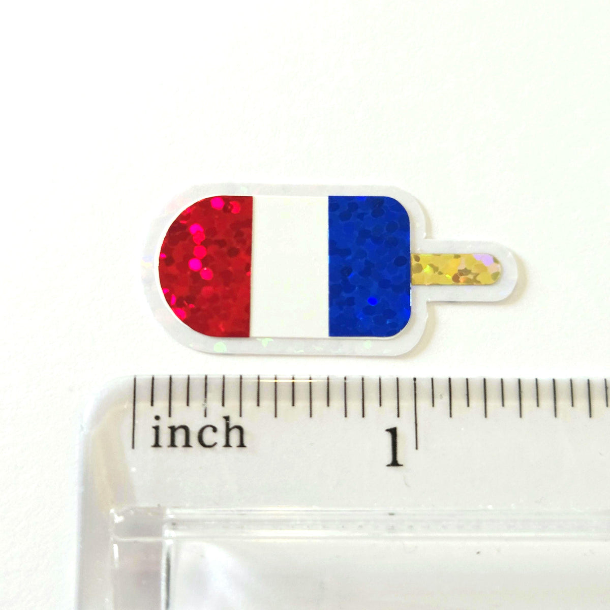 Mini American Flag Popsicle Die Cut Stickers, set of 12 in sparkly red, white and blue colors for Independence Day crafts.