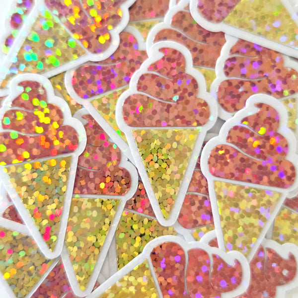 Glitter Ice Cream Cone Stickers, Multi-Color Vinyl Die Cuts for Crafts, Journals, Planners