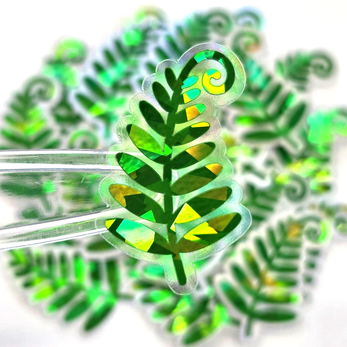 Green Woodland Fern Stickers, sparkly die cut leaves for cottagecore fairy gardens, notebooks, journals and scrapbook pages.