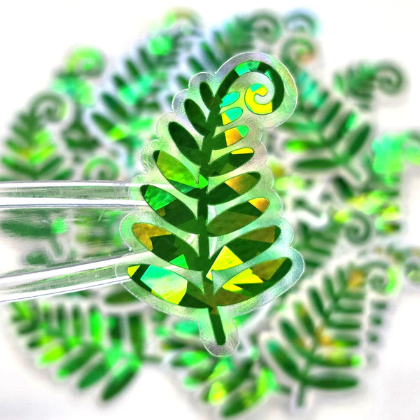 Green Woodland Fern Stickers, sparkly die cut leaves for cottagecore fairy gardens, notebooks, journals and scrapbook pages.