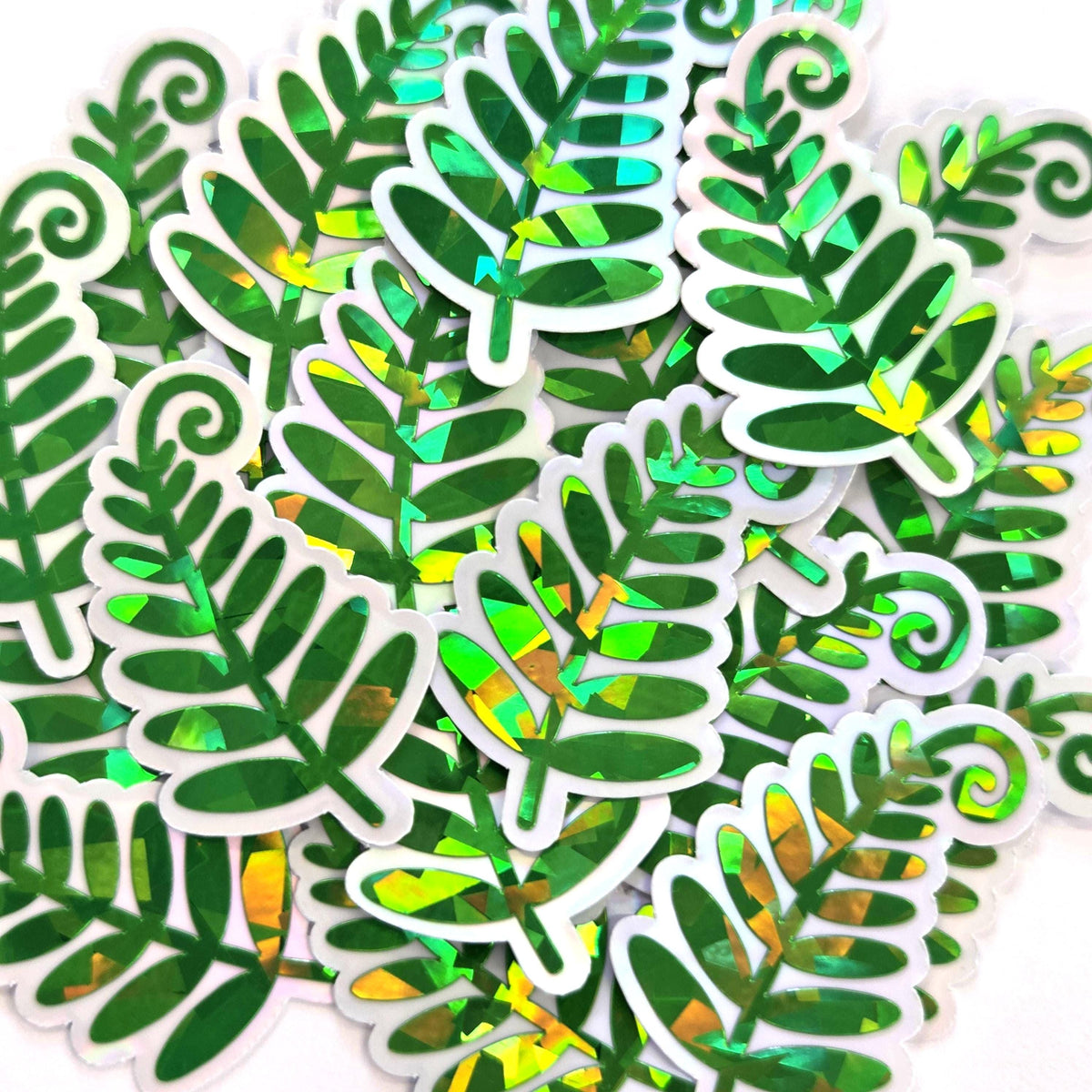 Green Woodland Fern Stickers, sparkly die cut leaves for cottagecore fairy gardens, notebooks, journals and scrapbook pages.