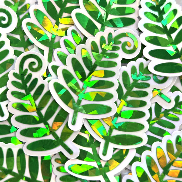 Green Woodland Fern Stickers, sparkly die cut leaves for cottagecore fairy gardens, notebooks, journals and scrapbook pages.