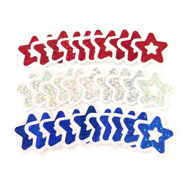Patriotic Stars Die Cut Stickers, Red Silver Blue glitter vinyl stars for card making, journals and scrapbooks, set of 30