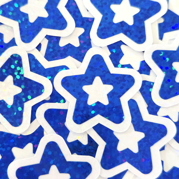 Blue Glitter Star Stickers, Vinyl Die Cuts, set of 30 stars for crafts, journals, scrapbooks and classroom projects.