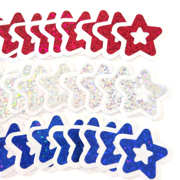 Patriotic Stars Die Cut Stickers, Red Silver Blue glitter vinyl stars for card making, journals and scrapbooks, set of 30