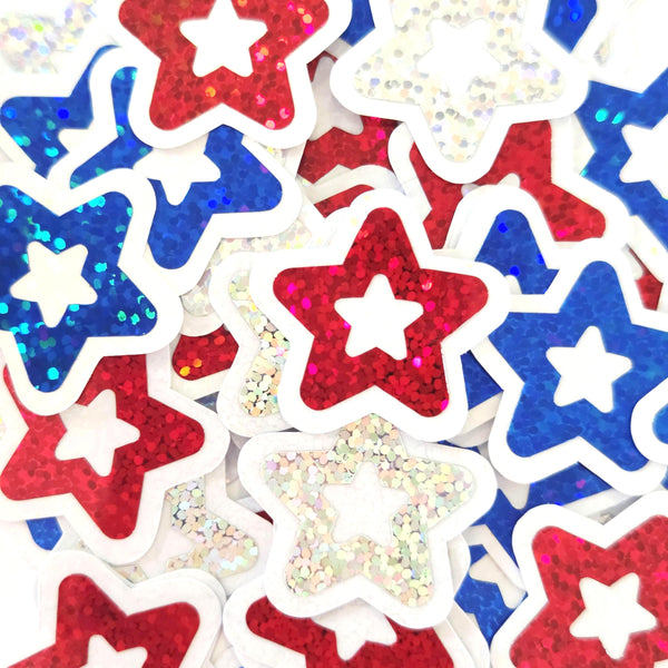 Patriotic Stars Die Cut Stickers, Red Silver Blue glitter vinyl stars for card making, journals and scrapbooks, set of 30