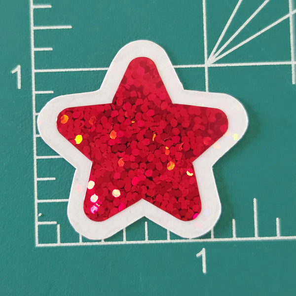 Red Glitter Star Stickers, set of 30 Vinyl Die Cuts, sparkly stars for crafts, journals, scrapbooks and classroom projects.