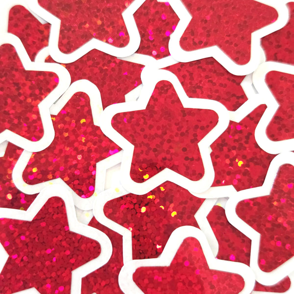 Red Glitter Star Stickers, Vinyl Die Cuts, set of 30 stars for crafts, journals, scrapbooks and classroom projects.