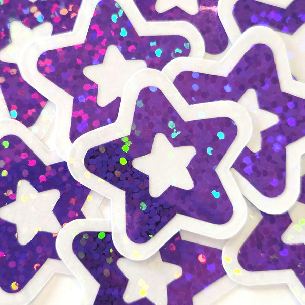 Purple Star Die Cut Stickers, set of 30 sparkly glitter vinyl stars for crafts, journals, scrapbooks and classroom projects.