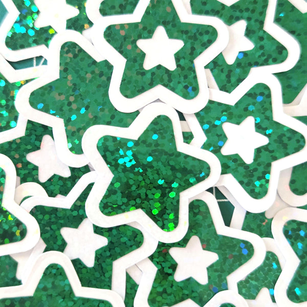 Dark Green Star Die Cut Stickers, set of 30 Sparkly Stars for crafts, journals, scrapbooks and classroom projects.
