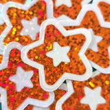 Orange Star Die Cut Stickers, set of 30 Sparkly Orange Glitter Stars for crafts, journals, scrapbooks and classroom projects.