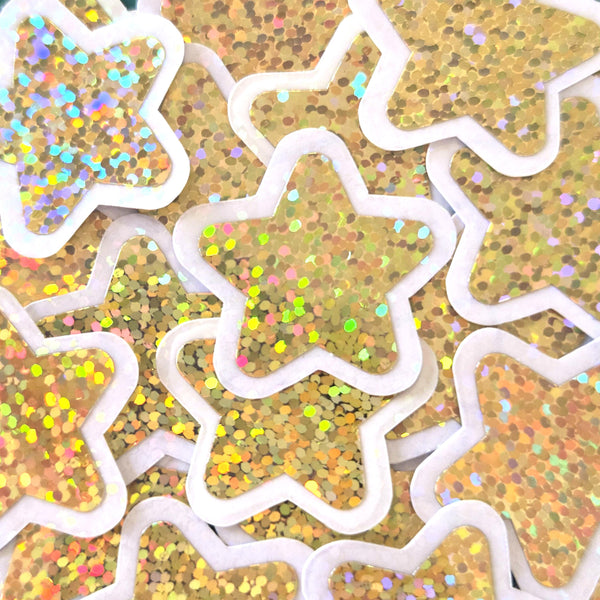 Gold Star Die Cut Stickers, set of 30 sparkly glitter gold stars for crafts, journals, scrapbooks and classroom projects.