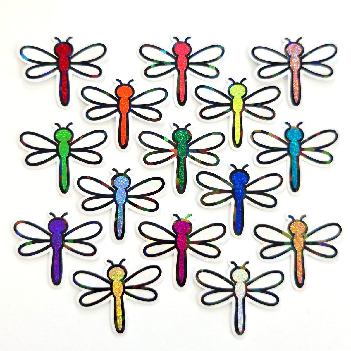 Glitter Dragonfly Die-Cut Stickers, set of 15 Multi-Color Vinyl Decals for Journals, Planners, Crafts