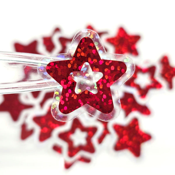 Red Glitter Star Stickers, Vinyl Die Cuts, set of 30 stars for crafts, journals, scrapbooks and classroom projects.