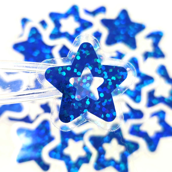Blue Glitter Star Stickers, Vinyl Die Cuts, set of 30 stars for crafts, journals, scrapbooks and classroom projects.