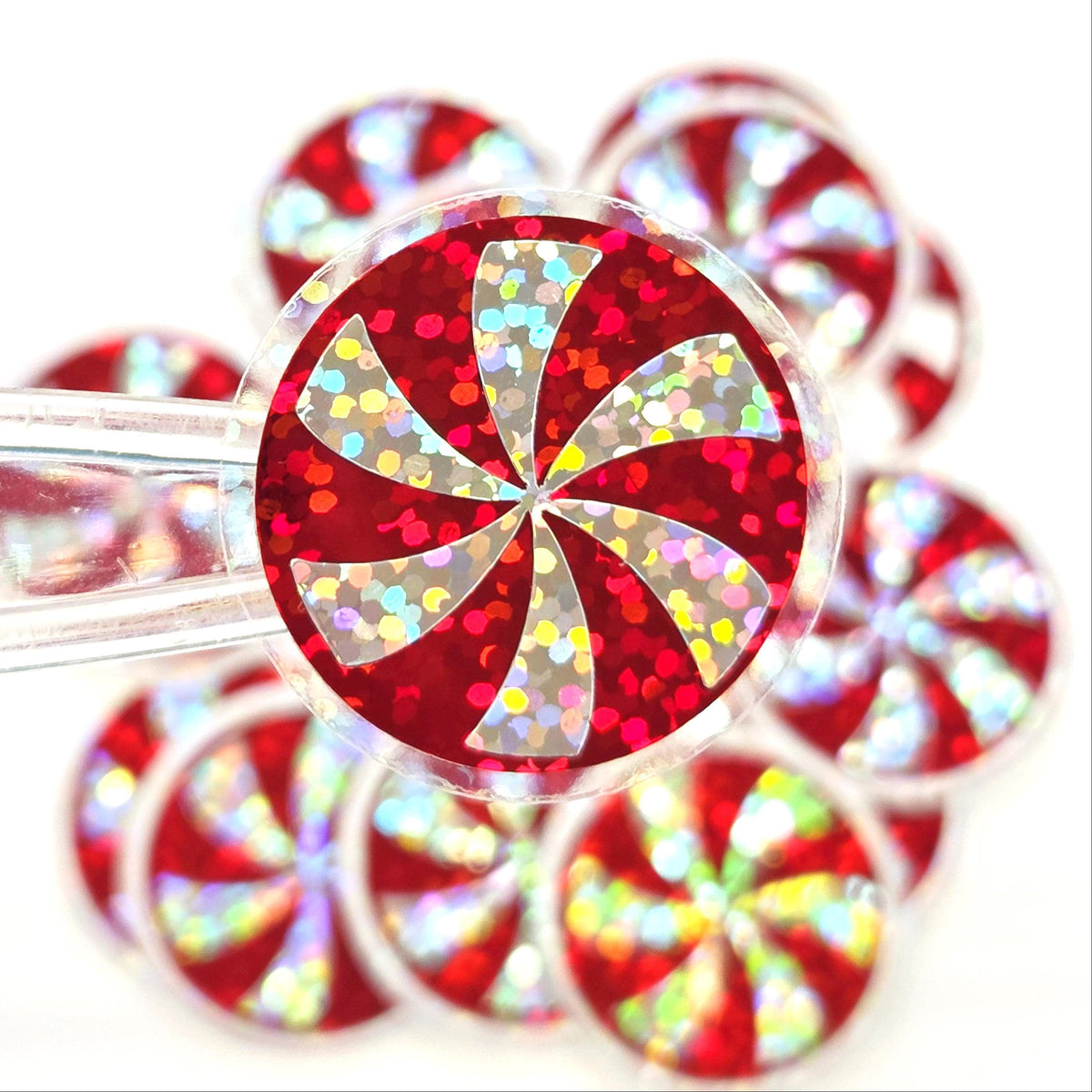 Peppermint Candy Die Cut Stickers, set of red and silver Christmas stickers for holiday craft projects.